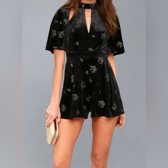 Lost + Wander Pants - Black Velvet Embroidered Romper XS
